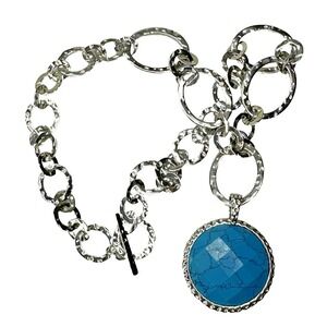 Hammered Links Necklace Turquoise White Pendant Reversible CA Stainless Steel